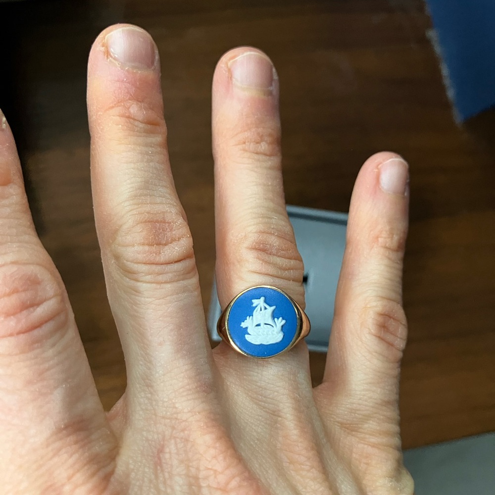 Ferian Gold Blue Enamel Ring with White Design